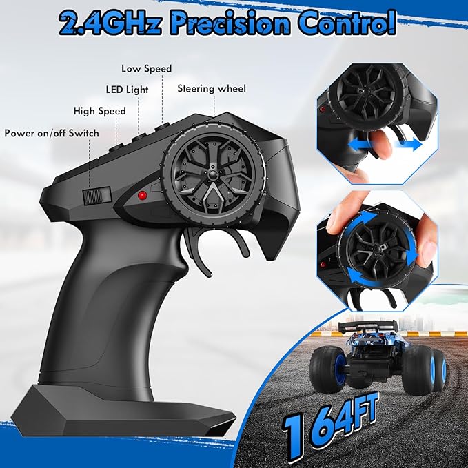 Remote Control Car, 1:18 Scale Rc Cars, All-Terrain RC Truck with LED Light, 20KM/H, Rechargeable, 2WD, 2.4GHz, Sturdy PVC Shell, Remote Control Truck for Boys 4-7 8-12, Beginner