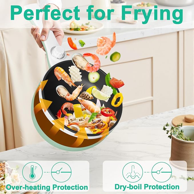 Dezin Hot Pot Electric with Steamer, 1.5L Non-Stick Portable Electric Pot | Dual Power, Upgraded 700W Electric Pot for Cooking Steak, Egg, Oatmeal, Ramen Cooker for Dorm, Travel, RV, Office, Green Pan