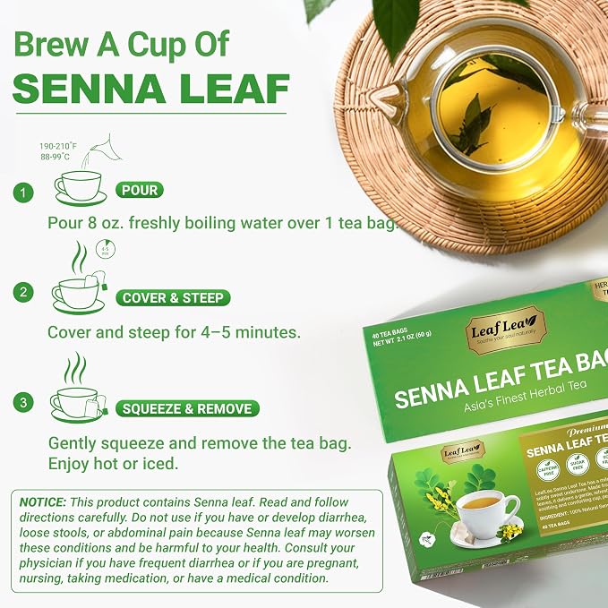 LeafLea Senna Leaf Tea Bags, Herbal Laxative Tea for Constipation, 40 Ct | Single-Ingredient Senna Leaf, Caffeine-Free, Sugar-Free, Gluten-Free, Non-GMO, Vegan, Individually Foil-Wrapped