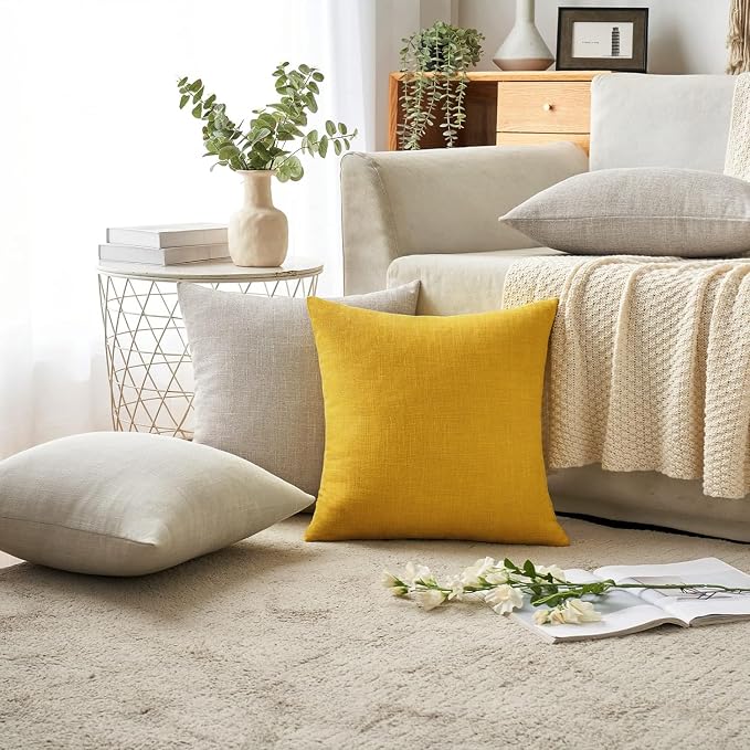 MIULEE Pack of 2 Decorative Linen Burlap Textured Pillow Covers Farmhouse Boho Accent Pillowcases Spring Home Decor for Couch Sofa Bedroom Living Room 20x20 Inch Bright Yellow
