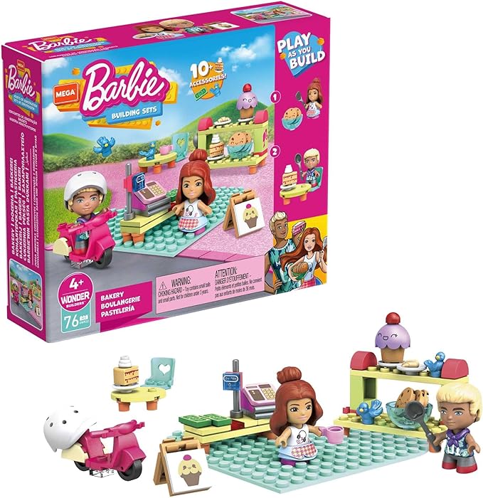 MEGA Construx Barbie Kids Building Blocks Toy Set, Bakery with 76 Pieces, 2 Micro-Dolls, Barbie Pets and Accessories, Ages 4+ Years