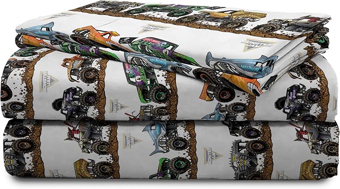 Jay Franco Kids Sheet Set with Fitted, Flat Sheets & Pillow Cover - Ultra-Soft Bedding with Pillowcase for Room Decor, Multi - Monster Jam, 4 Piece Full