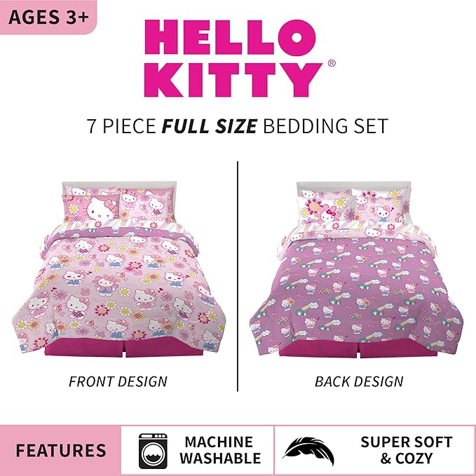 Franco Kids Bedding Super Soft Comforter and Sheet Set with Sham, 7 Piece Full Size, Hello Kitty(Prints may vary)