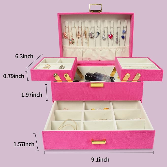 Jewelry Organizer Box, Large Jewelry Boxes for Women Girls, Space-Saving 3 Layers Jewelry Storage Case with Drawer, Gift Idea for Christmas, Valentine's Day, Birthday, Mother's Day (Red)