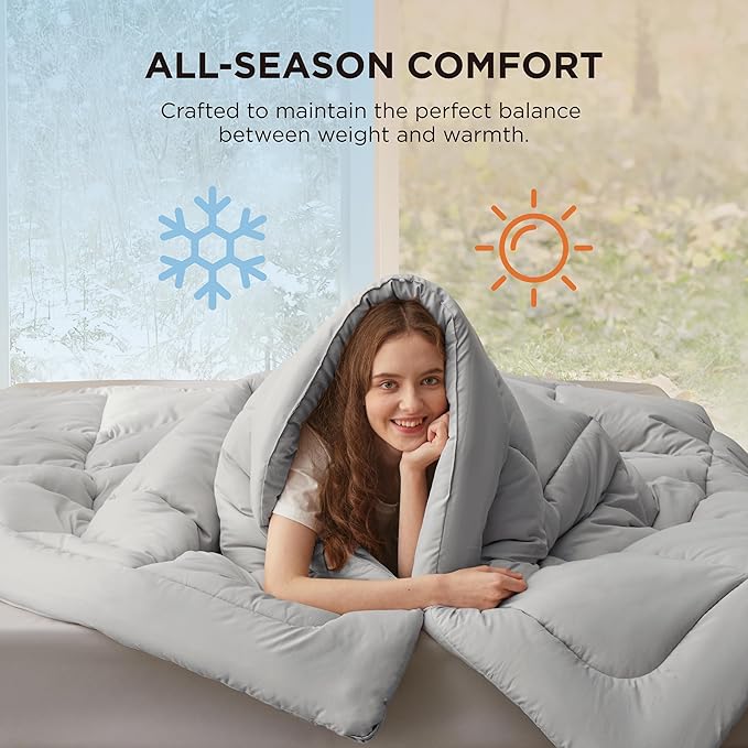 Bedsure Comforter Duvet Insert - Quilted Comforters Queen Plus Size, All Season Duvet, GentleSoft Down Alternative Bedding, with 8 Tabs, Gifts for Women/Men,Light Grey,Queen Plus 90 x 90 Inches