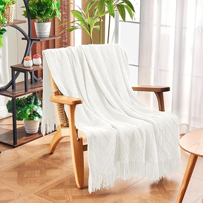 inhand Off White Knitted Throw Blanket for Couch and Bed, 50"x60" | Soft Living Room Home Decor Knitted Blanket with Tassel, Outdoor Lightweight Breathable, Farmhouse Warm Woven Decorative