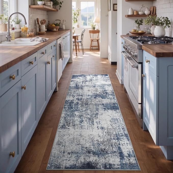 2x6 Ft Washable Runner Rug, Non-Slip Low Pile Hallway Kitchen Area Rug, Soft Long Entryway Floor Mat Abstract Pattern Carpet for Bedside & High-Traffic Areas (Blue)