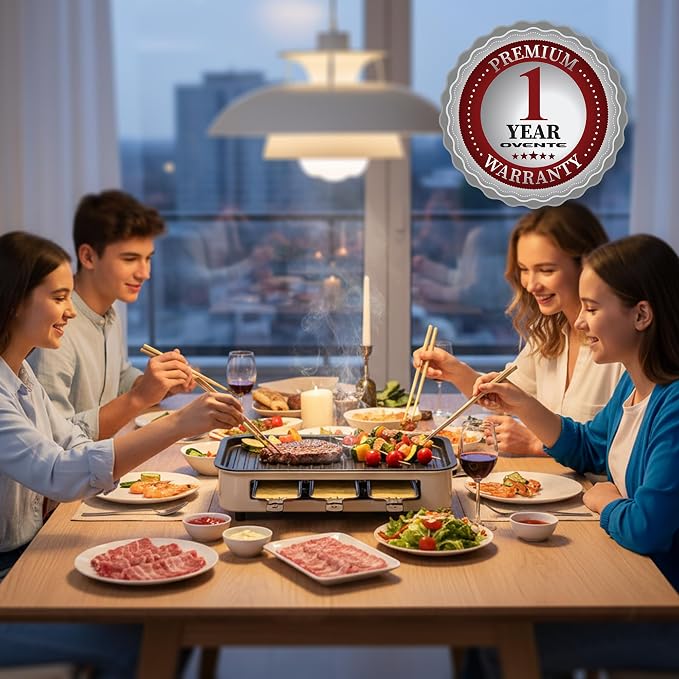 OVENTE 2-in-1 Electric Indoor Grill Non-Stick Cooking Plate, Beige BQR1502B | 1500W Smokeless Korean BBQ Griddle with, 3 Raclette Cheese Pans, Adjustable Temperature Control, Dishwasher Safe