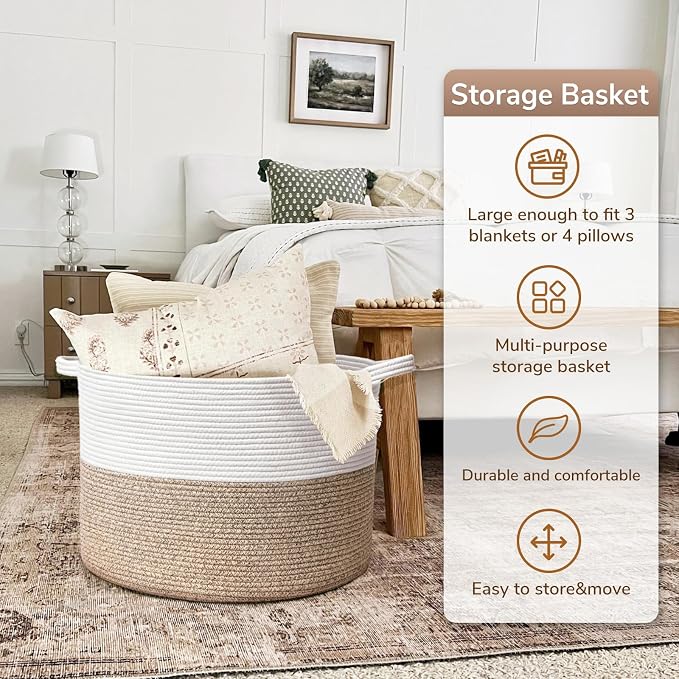 Goodpick Large Woven Basket for Blankets, Nursery & Living Room Decor, 85L | 21.7 x 21.7 x 13.8 In Toy Storage Basket for Nursery, Blanket Basket for Living room, Laundry Basket, Light Brown