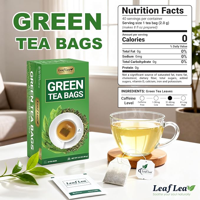 LeafLea Green Tea Bags, Pure Single-Ingredient Green Tea Leaves, 40 Count | Smooth, Refreshing & Naturally Caffeinated, Sugar-Free, Non-GMO, Individually Foil-Wrapped To Lock In Freshness