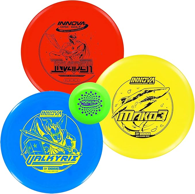 Innova Disc Golf Set 3 Pack – Disc Golf Starter Set for Beginners with Disc Golf Driver, Mid-Range, Disc Golf Putter DX Valkyrie, DX Invader, DX Mako3 and Mini