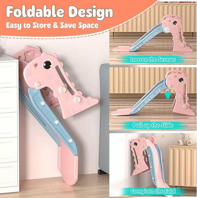 Nyeekoy 3 in 1 Toddler Slide, Kids Slide Climber Playset with Basketball Hoop, Indoor and Outdoor Playground for Kids, Folding Design Freestanding Baby Slide, Easy Assembly
