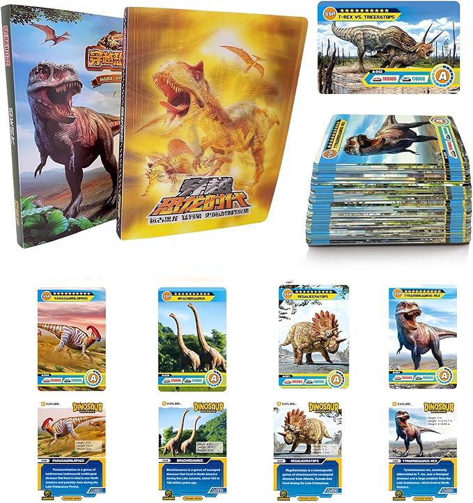 Dinosaur Card Binder 4 Pockets, Dinosaur Flash Cards, 168 Kids Collectible Dinosaur Trading Cards, Prehistoric Animal Educational Learning Toys