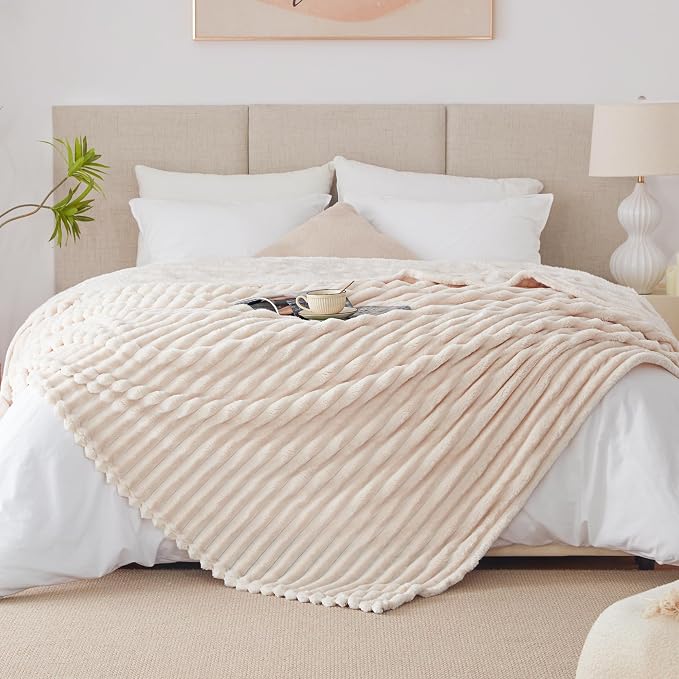EXQ Home Fleece Blanket Queen Size for Couch or Bed - 3D Stripe Jacquard Decorative Blankets - Cozy Soft Lightweight Fuzzy Flannel Blanket Suitable for All Seasons(90"×90",Beige)