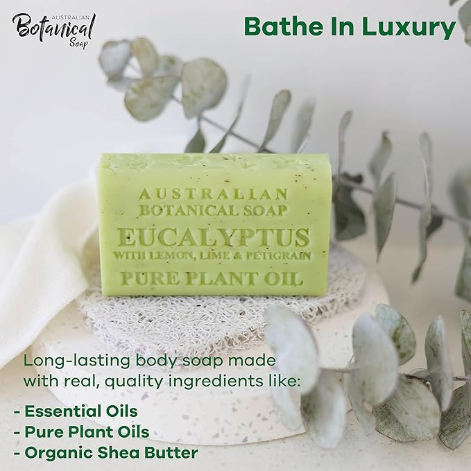 Australian Botanical Soap Eucalyptus with Lemon, Lime & Petitgrain – Triple Milled 6.6 oz Bar Soap with Shea Butter, Face Hand & Body Soap Bars, 4 Pack