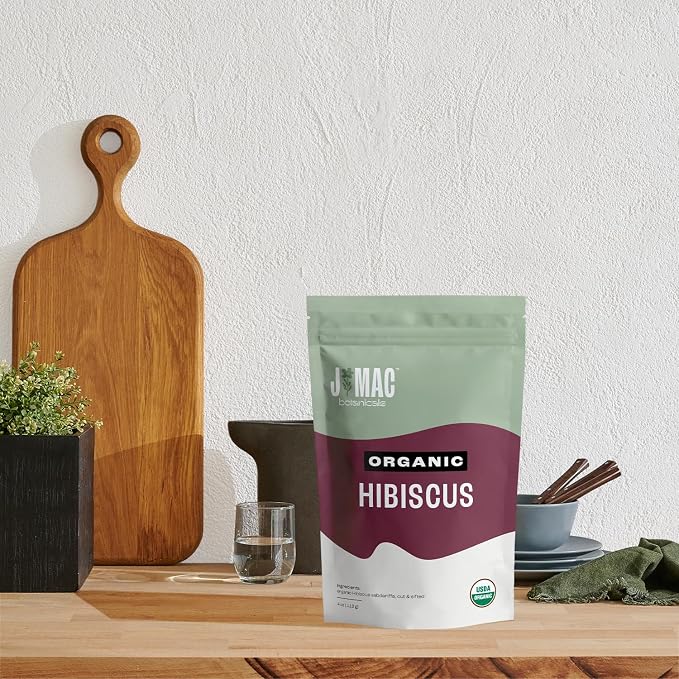 J Mac Botanicals, Organic Hibiscus Flower (4 ounce), Hibiscus tea, cut & sifted flowers, dried from Egypt, herbal tea leaves, Flor de Jamaica, edible