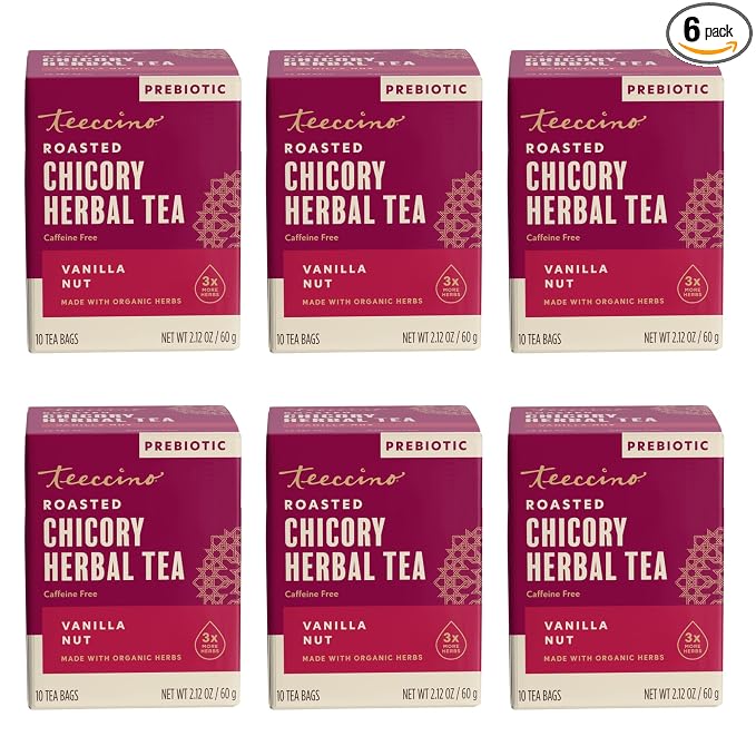 Teeccino Vanilla Nut Herbal Tea - Rich & Roasted Herbal Tea That’s Caffeine Free & Prebiotic for Natural Energy, 10 Tea Bags (Pack of 6)