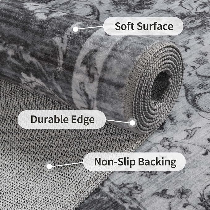 5x7 Ft Machine Washable Area Rugs for Bedroom, Thin Vintage Floral Print Rug Non Slip Carpet for Living Room, Dining Room, Office Home Decor (Grey)