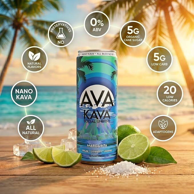 AVA Kava | Alcohol-Free Relaxation Drink | Margarita | Fast Acting Nano Kava • Zero Sugar Alcohols • Vegan • Plant Based • No Preservatives • Natural Flavors • Non GMO • Gluten Free | 12oz Cans (6-Pack)