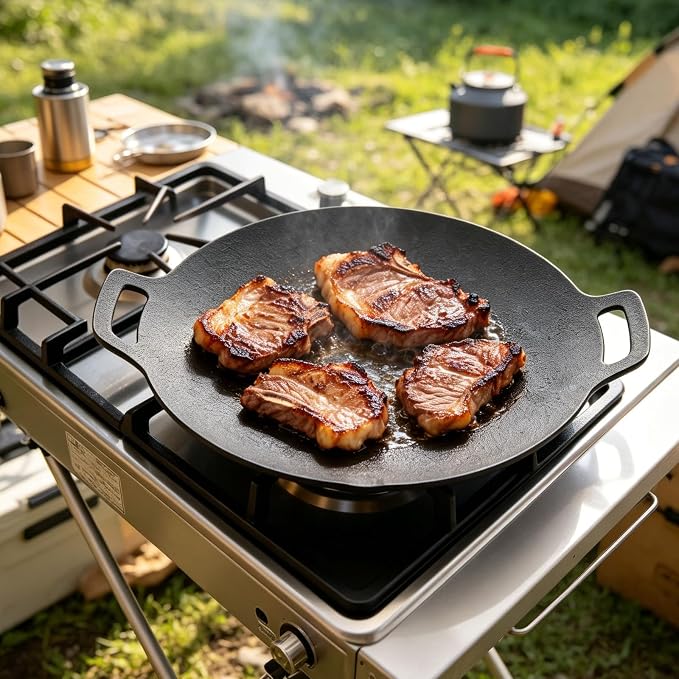 Korean Grill Pan, 13 Inch Korean BBQ Grill Pan for Indoor Cooking and Outdoor Camping, Round Grill Pan with Storage Bag, Tongs and Oil Brush for Stovetop, Grill, Meat and Vegetables