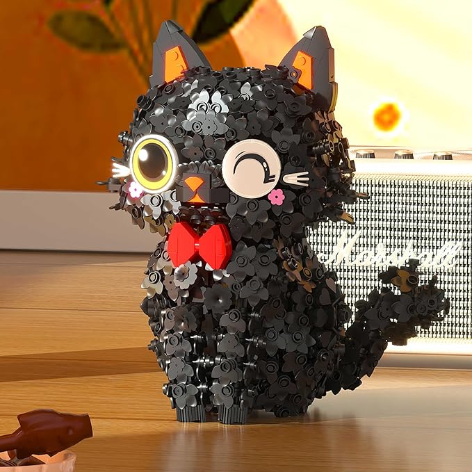 Black Cat Mini Brick Set | Creative Flower Blossom Puss Building Toy for Adults & Kids | Cute Animal Model Desk Decoration Gift (1651pcs)