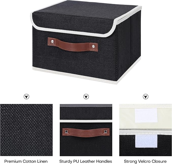 ANMINY Fabric Storage Box Bins with Lids, Black, 10"x8"x7" | Keepsake Memory Storage, Cotton Linen, PP Board Reinforced, Washable, PU Handles, Foldable & Stackable, Decorative, Small