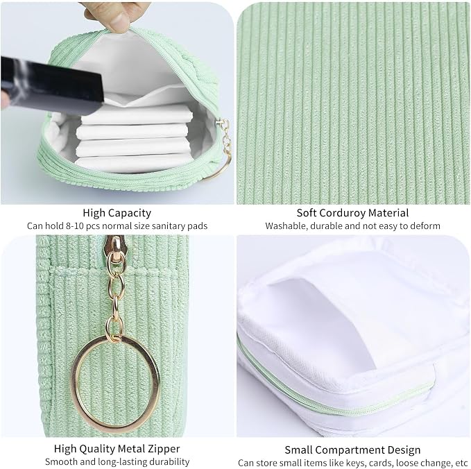 Sanitary Napkin Storage Bag, Preppy Corduroy Period Bag for School Teen Girls, Cute Portable Period Pouch with Zipper, Sanitary Pads Bag Tampons Holder for Purse, First Period for Women Ladies