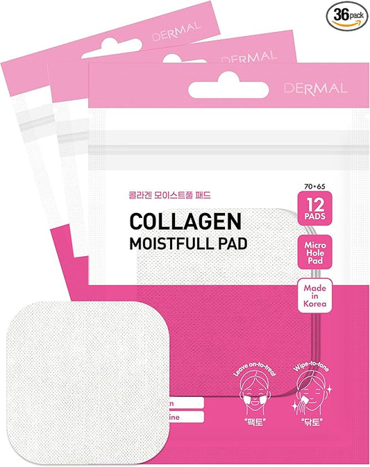 DERMAL Collagen Moistfull Toner Pad - Korean Toner Pad for Elasticity & Wrinkle Improvement with Peptides - Travel Kit 12 Pads, 3 Pack (Total 36 Pads)