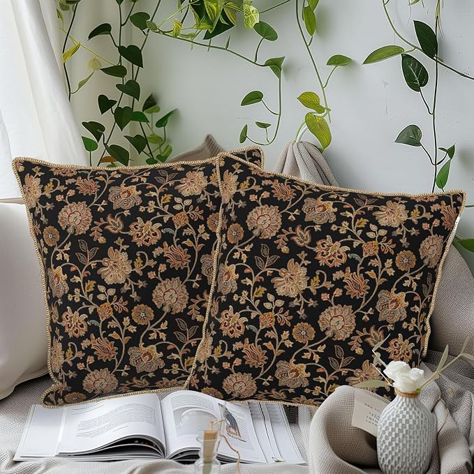 Vintage Tapestry Floral Soft Velvet Throw Pillow Covers Set of 2 Black Brown Bohemian Boho Carpet Flowers Decorative Pillow Covers 16x16 Inch Rustic Retro Rug Pillow Case For Sofa Couch Home Decor