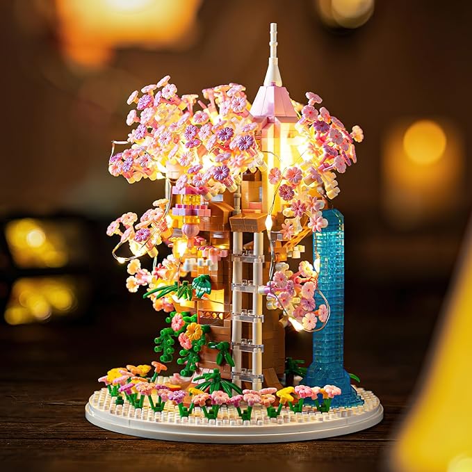 Cherry Blossom Bonsai Tree House Building Flowers Set for Adults, 1382 Pcs Micro-Particle Ideas Sakura Tree Building Blocks, Complete with String Lights, Dust Cover, and Wooden Base