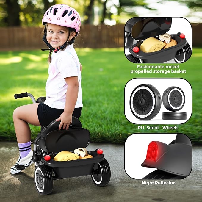 XJD Toddler Tricycle, Foldable Toddler Bike with Pedals, Tricycle for 2-5 Year Olds, Adjustable Comfortable Seat, Christmas Birthday Gifts for 1-5 Years Old Boys and Girls (Black)