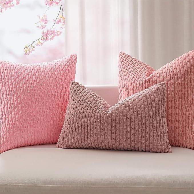 Kevin Textile Soft Corduroy 14"x22" Lumbar Pillow Cover 1 Pack, Pink | Boho Stripe Plush Corduroy Decorative Oblong Cushion Cover Modern Farmhouse Home Decor for Sofa Couch Bed Chair