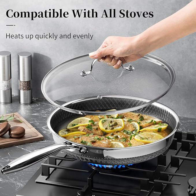 Innerwell 10 Inch Non Stick Frying Pan with Lid, Induction & Oven Safe | Titanium Ceramic Tri-Ply Stainless Steel Hybrid Nonstick Skillet, Stay Cool Handle, Heat Fast and Evenly, PFAS/PFOA/PTFE Free