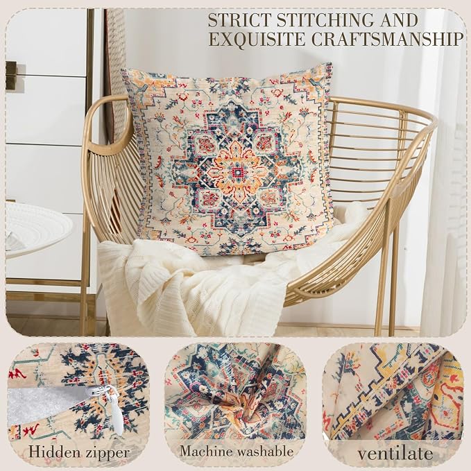 Boho Throw Pillow Covers 22x22 inch Set of 2,Boho Vintage Carpet Pattern Antique Ethnic Decor Double Sided Pattern Cushion Cover Soft Pillow Case Living Sofa Room Bed Square Pillow Cover