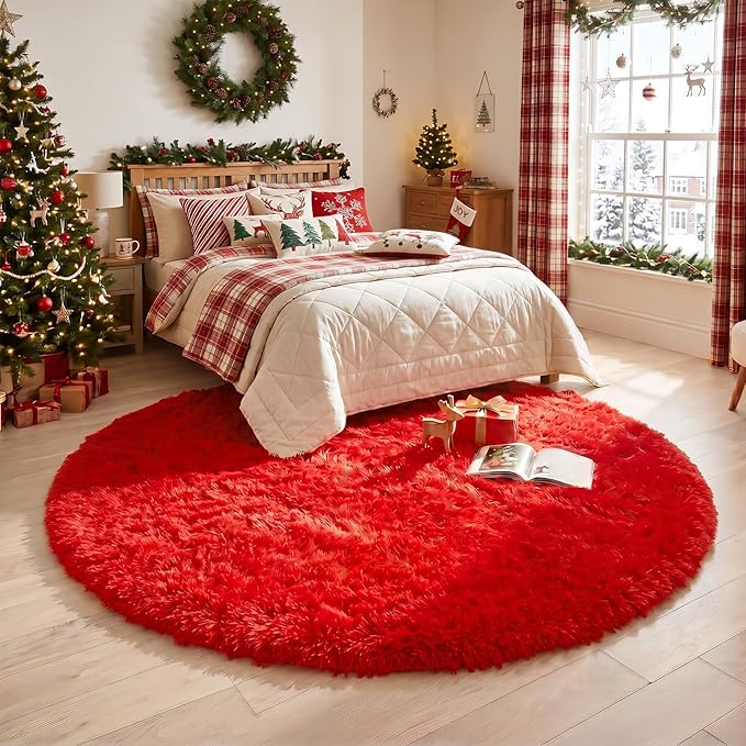 Red Round Rug 4Ft for Bedroom, Fluffy Shag Circle Area Rugs for Kids Room Decor Aesthetic, Fuzzy Plush Fur Carpets for Living Room Nursery Dorm Classroom, Red Carpet, Christmas Rugs for Teen Boys