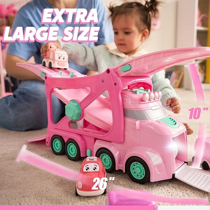 Vroomix Extra Large Toy Trucks for Toddlers, 3-Layer Princess Pink Trucks for Girls, 7-in-1 Big Carrier Truck with Siren & Lights and 6 Toy Cars, Christmas Birthday Gifts for Girls