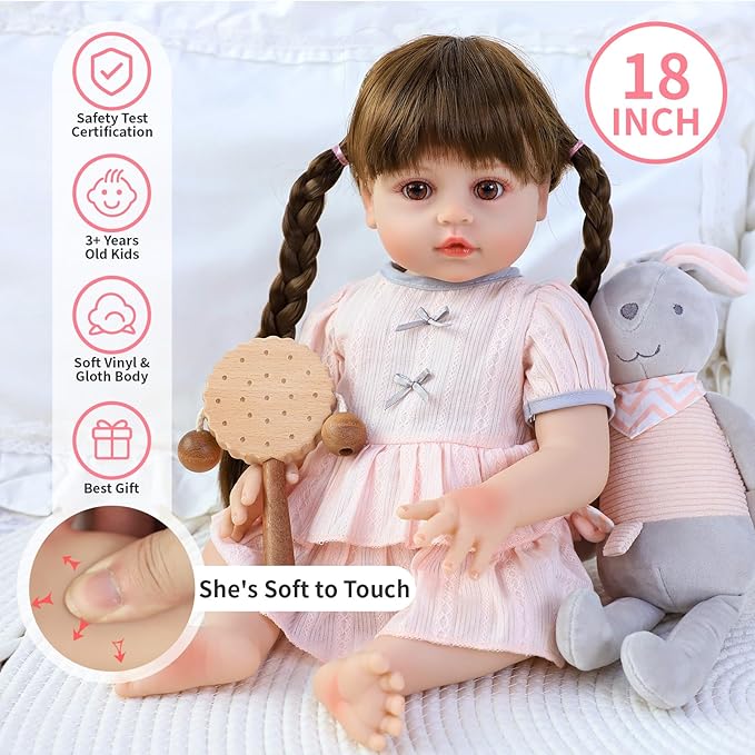 SCOM Lifelike Reborn Doll, Full Silicone Body - 18 Inch Realistic Dolls Girl with Long Hair Handmade, With Cloths and Accessories, For Christmas, Birthdays, Idea Gift for Mothers, Girls and Collectors
