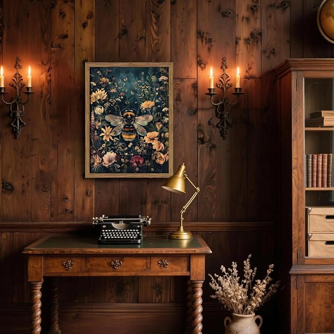Vintage Framed Wall Art Bee Canvas Prints, Dark College Animals Flowers Wall Decor, Nature Botanical Pictures Art Home Decor for Living Room Bedroom – Dark Wooden Frame 16x24in