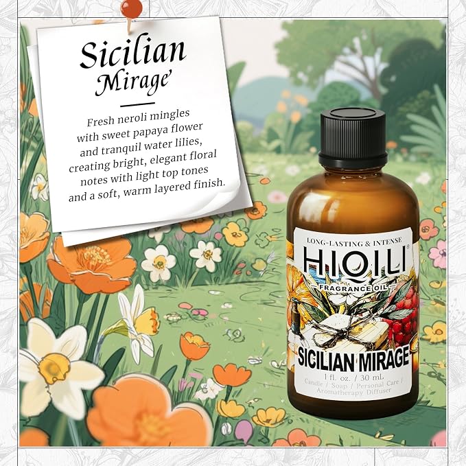 HIQILI Sicilian Mirage Fragrance Oil for Candle and Hair Perfume Making | Boasts Elegant Layered Floral Scent, Ideal for Shower Gel, Daily Personal Care and Pet Safe DIY Crafts —30ml / 1 fl oz