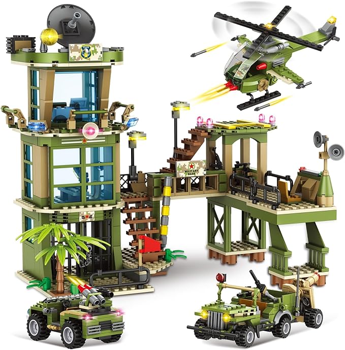 City Military Base Building Block, Compatible with Lego Military Base, Army Toy with War Helicopter, Marine Artillery Vehicle, Police Car, Gift for Kid 6 7 8 9 10 11 12 13 14 Years Old (811 Pieces)