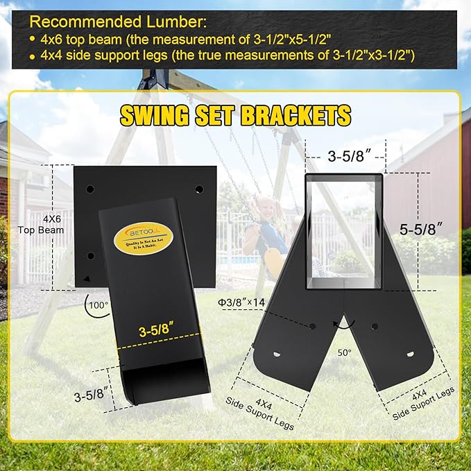 BETOOLL Swing Sets Brackets - 2 A-Frame Swing Set Brackets and 1 Middle Swing Bracket with All Mounting Heavy Duty Hardware Included - Swing Set Kit for Porch, Yard, Playground - Black