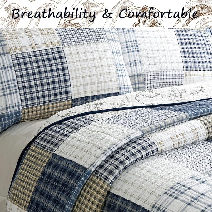Cozy Line Home Fashions Benjamin Cute Dinosaur Plaid Navy Blue White Grey Bedding Quilt Set 100% Cotton Reversible Coverlet Bedspread Set for Kids Boy (King - 3 Piece)