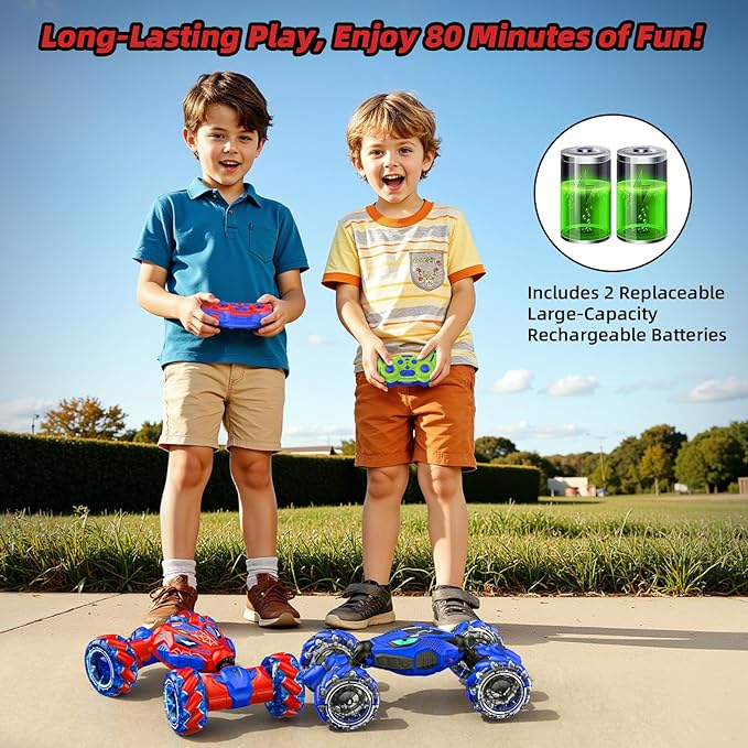 Unique 4WD 360° Rotating Gesture Sensing RC Stunt Car, Double‑Sided Driving RC Drift Car with Lights, Music & Spray, Kids Outdoor Cars Toys for Ages 6-12, Gifts for Boys 6-12,2 Replaceable Batteries