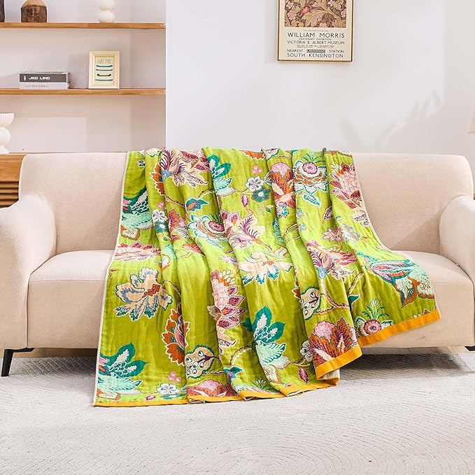 XIBLC Fall Throw Blanket, 100% Cotton Soft Rustic Boho Throw Blanket for Bed, 50"x60" Farmhouse Decor Bed Flower Blankets, Light Weight Reversible Bohemian Throw Quilt