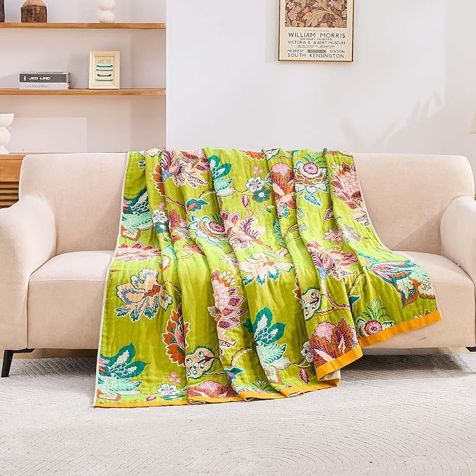 XIBLC Fall Throw Blanket, 100% Cotton Soft Rustic Boho Throw Blanket for Bed, 80"x90" Farmhouse Decor Bed Flower Blankets, Light Weight Reversible Bohemian Throw Quilt