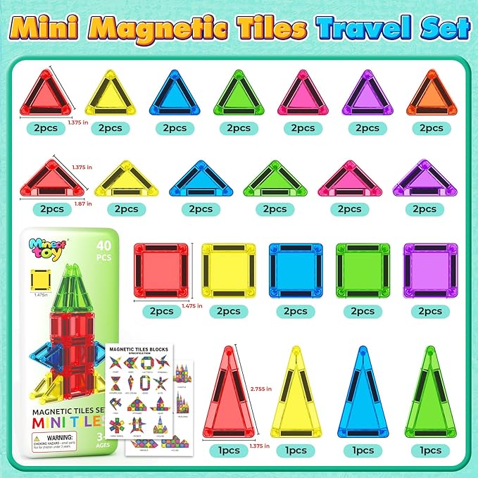 Mini Magnetic Tiles Toddler Travel Essentials Toys with Case Set, Magnetic Building Blocks Kids Games, Montessori Preschool Education Sensory Toys for 3 4 5 Year Old Boys Girls Birthday Gifts