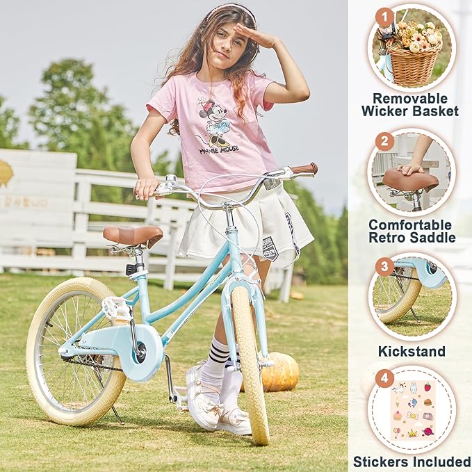 Petimini Vintage Kids Bike for Girls, 12–20 Inch Classic Bicycle with Wicker Basket & Bell, High Tensile Steel Frame, Training Wheels (12–18”), 85% Pre-Assembled, Retro Bike for Outdoor Riding