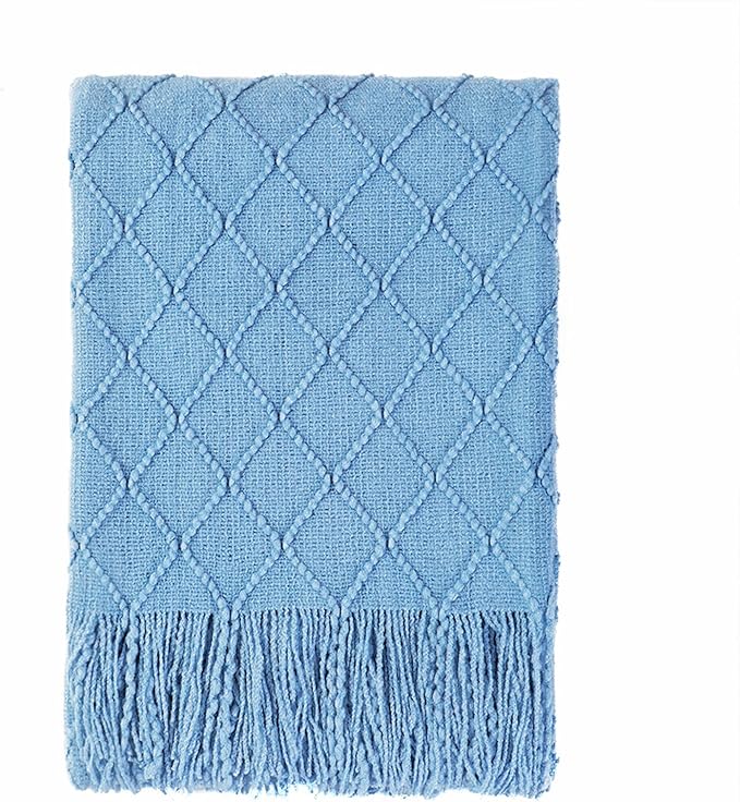 BOURINA Blue Throw Blanket 50x60 Inch Boho Knitted Soft Throw Sofa Blanket | Knitted Throw Blanket 50x60 Inches, Soft Lightweight Boho Weave Throw Decorative Couch Blanket for Living Room Bedroom Chair