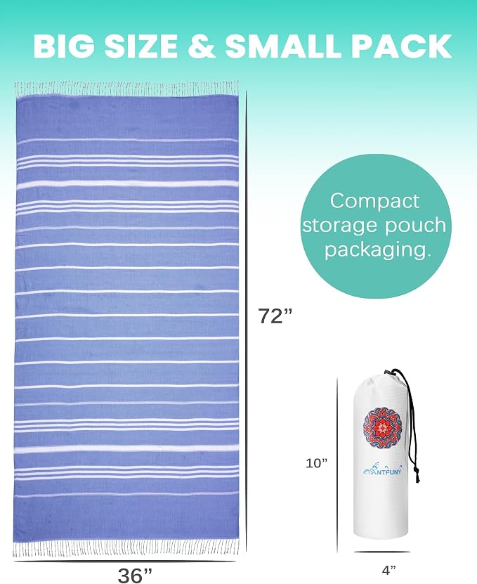 4 Pack Turkish Beach Towels Vacation Essentials with Bag Quick Dry Sand Free Soft Absorbent Adult Bath Pool Swim Long Wide Stripe Towel Cloud Linen Sandfree Mat Summer Thing Lightweight Travel Blue