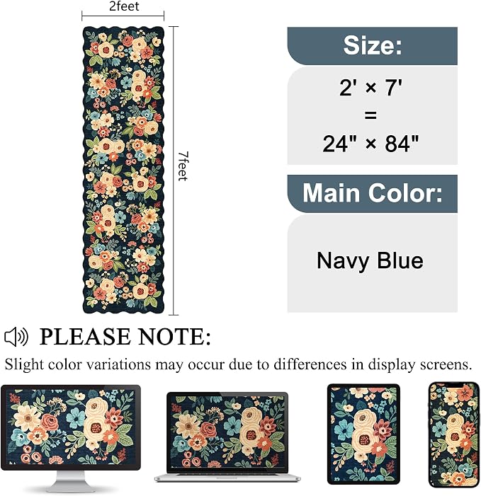 DUKINO 2x7 Runner Rug for Hallway, Floral Washable Kitchen Rug, Navy Blue | Low Pile, Stain Resistant, Soft Throw Carpet Runner for Entryway, Bedroom, Bathroom, Laundry, Pet Friendly, Modern Home Decor